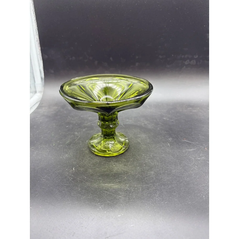 Vintage Olive‎ Green Glass Compote Pedestal Candy Dish Paneled Mid Century Retro